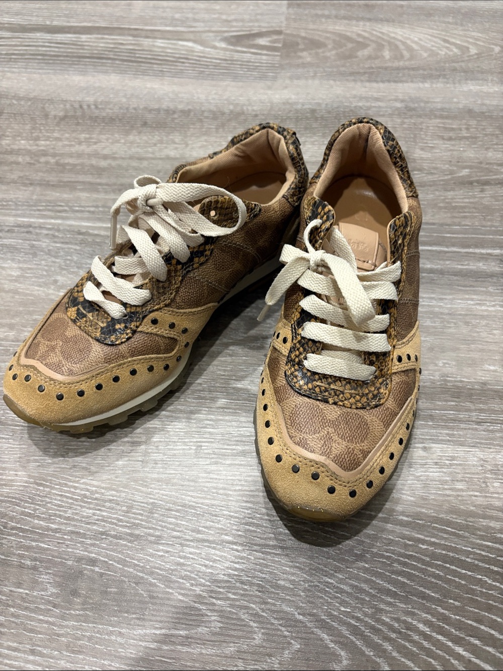 Coach Tan Brown Logo Snakeskin Accent Sneakers